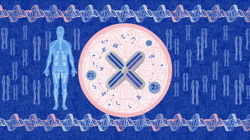Représentation du chromosome 21 et cellule avec caryotype : Emmanuel-SOS-Adoption